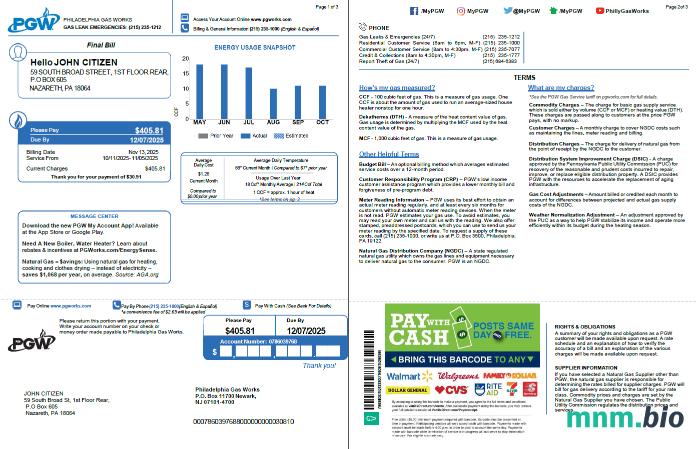 Szablon rachunku za media w USA Philadelphia Gas Works w formatach Word i PDF, 3 strony, 1-2 strony
